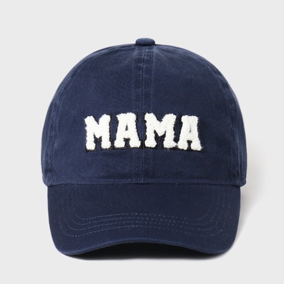 Accessories - Navy Blue Chenille Sherpa Patch MAMA Lettered Baseball Cap Hat
